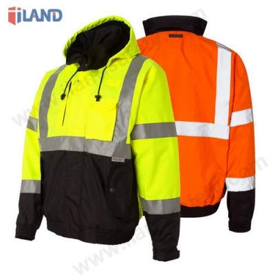 Hi-Visibility coat, quilted polyester fiber lining, attached hood, waterproof and breathable