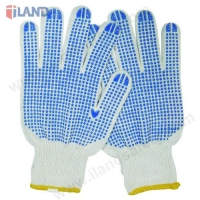 Knit Gloves, Both Sides Blue PVC Dots, White